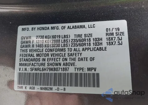 2019 Honda Odyssey Ex-L z USA, uszkodzony, nr VIN 5FNRL6H79KB071897